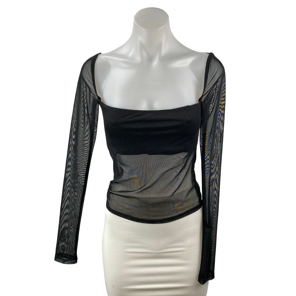 Edikted Women Black Mesh Sheer Bandeau Square Neck Long Sleeve Blouse Top Size S